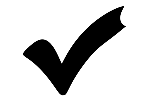 A bold black check mark symbol, isolated on a clean transparent background, representing a positive confirmation, completion, or correctness in a simple and graphic design
