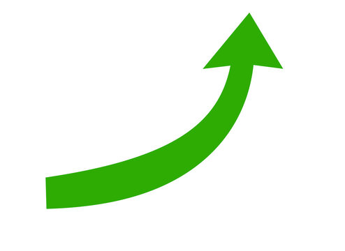A vibrant green curved arrow pointing upwards and to the right, isolated on a transparent background, representing positive growth, progress, success, and an upward trend in a clear graphic