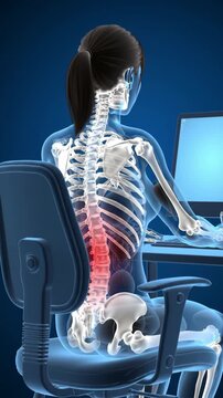 Woman's skeleton experiencing spinal discomfort at computer desk