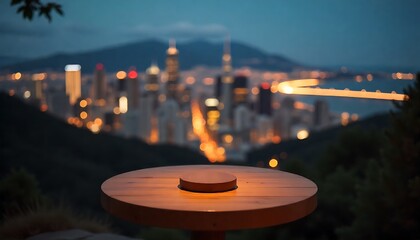 Naklejka premium City View from Hilltop Table – Nightscape with Bridge Lights & Warm Ambiance