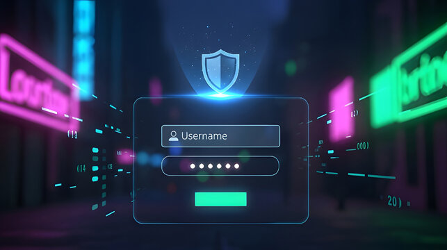 Digital login screen with shield icon and neon lights