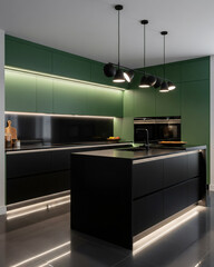 Sleek Forest Green and Black Kitchen with Glossy Floor and LED Lights