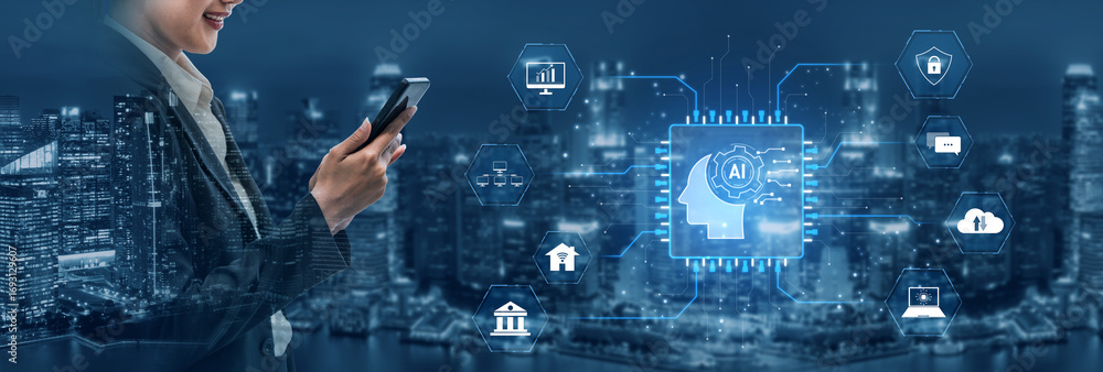 Poster ai system integration connects ai, system, and integration across digital networks to enhance servic