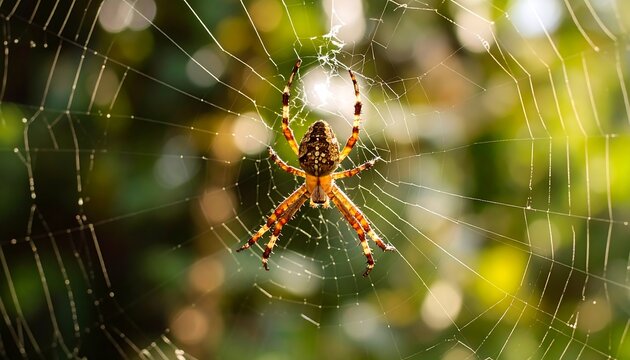 Orb weaver spider in its web, sunlit