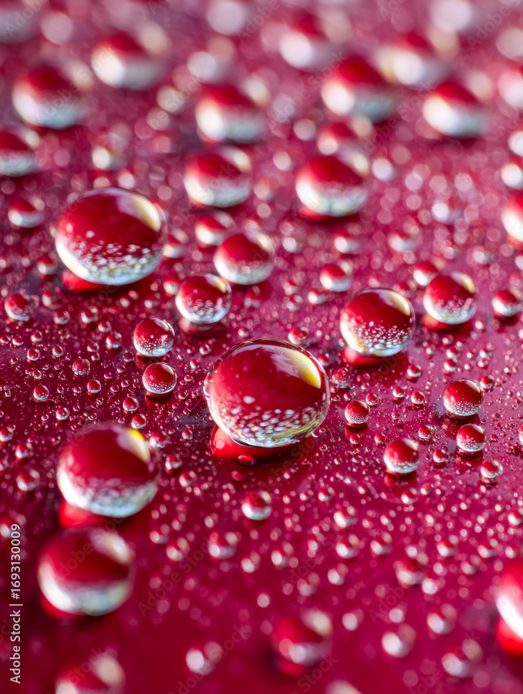 Poster close-up of water droplets on a vibrant red surface with detailed reflections and bokeh effect