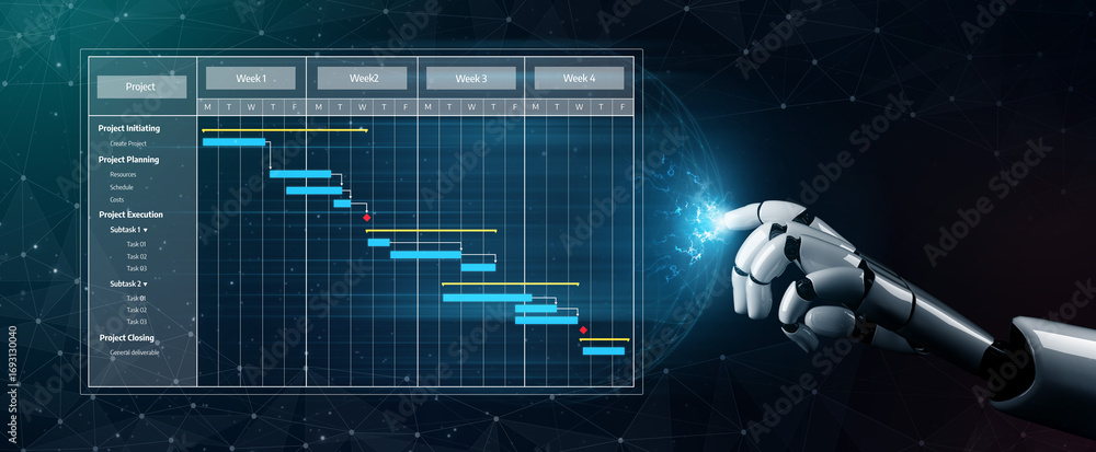 Poster a futuristic robotic hand interacts with a digital gantt chart, illustrating project phases and time