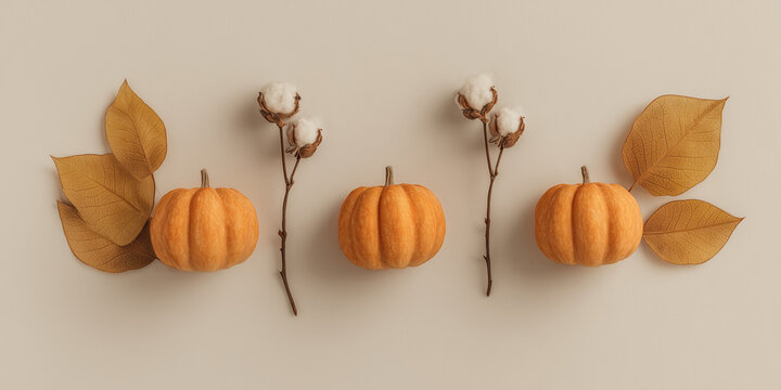 Decoraci&oacute;n oto&ntilde;al sim&eacute;trica con calabazas, hojas doradas y algod&oacute;n sobre fondo beige, ideal para ambientar espacios, crear contenido estacional o inspirar dise&ntilde;os c&aacute;lidos y equilibrados. Halloween