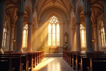 Fototapeta premium Serene, sunlit angel church interior Ornate details, stained glass, and peaceful ambiance create a spiritual atmosphere Perfect for religious, faith, or inspirational themes , christianity, god