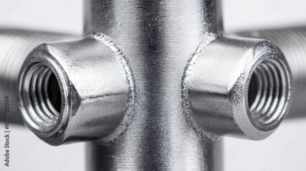 Aufkleber close-up of a metallic pipe fitting with threaded openings, showcasing precise craftsmanship and ind