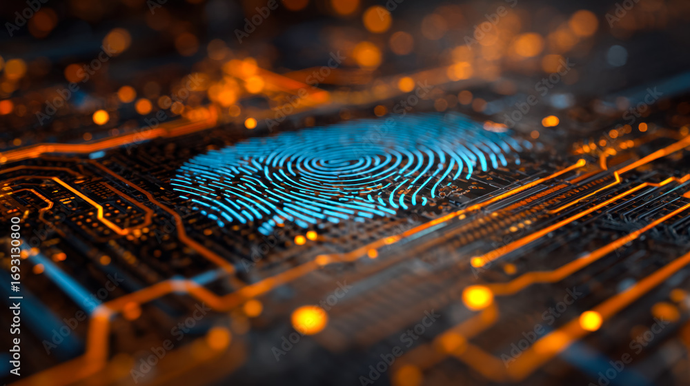 Poster advanced biometric fingerprint scanner on a circuit board with digital glow effects