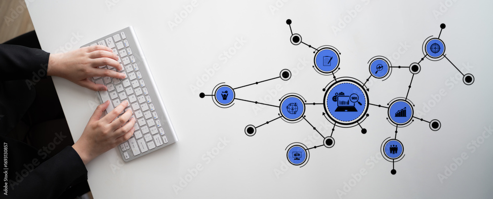 Poster a modern workspace image featuring hands on a keyboard with digital connections and icons, represent