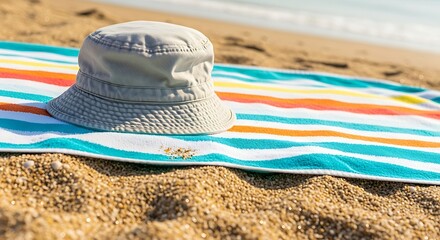 Obraz premium Hat on Colorful Beach Towel Near Ocean