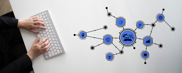 A modern workspace image featuring hands on a keyboard with digital connections and icons,...