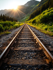 Obraz premium Scenic railway track stretching through lush green mountains at sunrise
