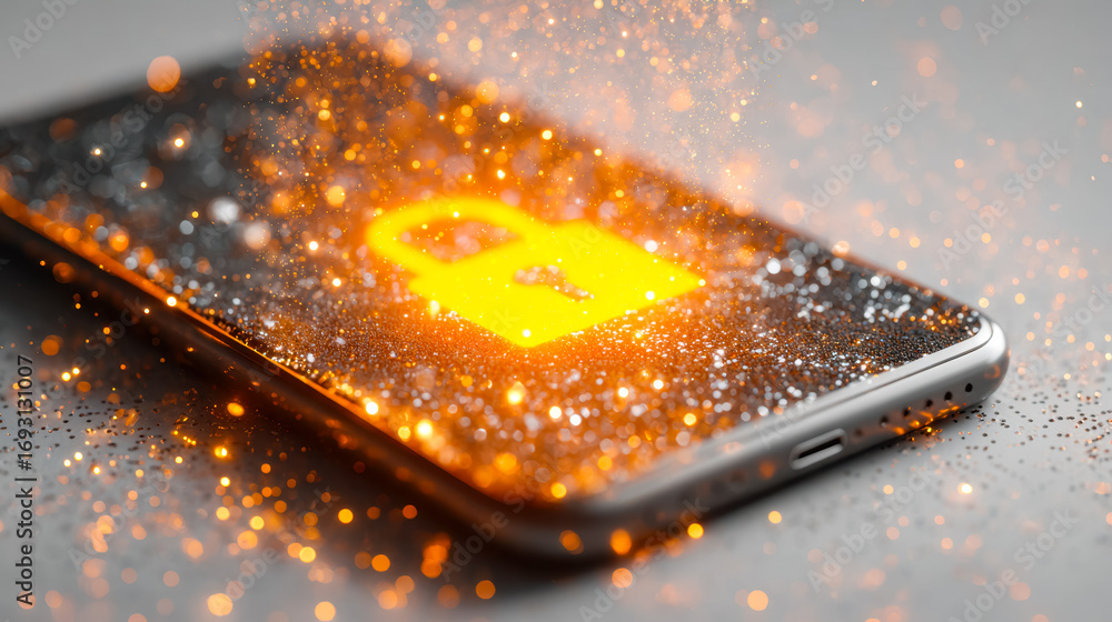 Aufkleber smartphone with a digital lock icon displayed on the screen, surrounded by glowing sparks and partic
