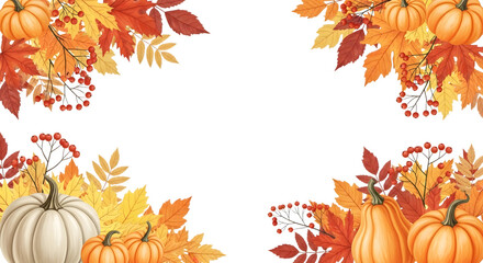 Autumnal corner decoration with pumpkins and fall leaves, isolated on transparent background