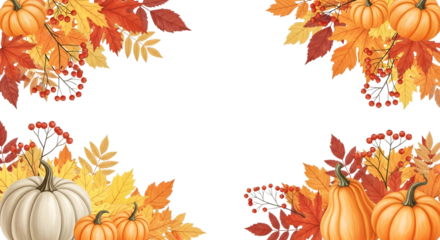 Autumnal corner decoration with pumpkins and fall leaves, isolated on transparent background