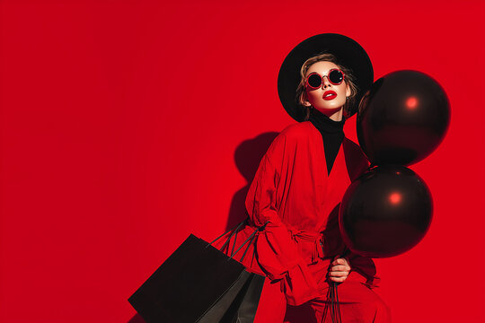 Look contempor&aacute;neo con outfit rojo, gafas redondas, sombrero negro, globos y bolsas de compras, dise&ntilde;o editorial, moda urbana o contenido visual de alto impacto crom&aacute;tico. Black friday. Cyber monday