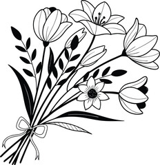 Elegant line drawing of a beautiful bouquet of various mixed flowers