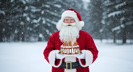 Santa Claus Joyfully Holding a Festively Decorated Christmas Cake with Candies and Frosting, Surrounded by Snowy Pine Trees and Gentle Snowfall in a Peaceful Winter Wonderland, Spreading Holiday Cheer