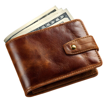 Luxury Leather Wallet with Cash Isolated on Transparent Background 