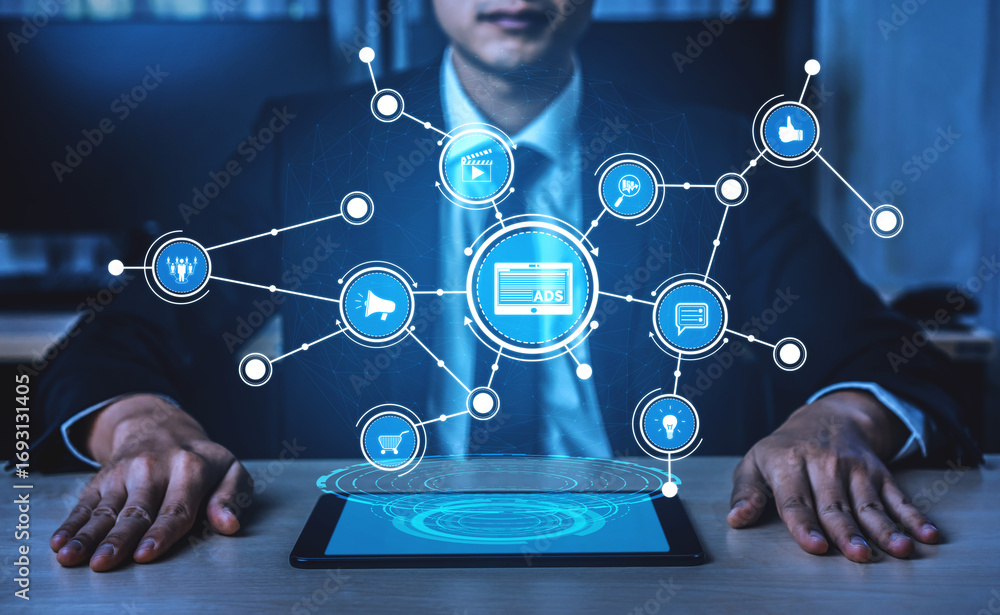 Poster a businessman in a suit engages with a digital network interface on a tablet, showcasing the interse