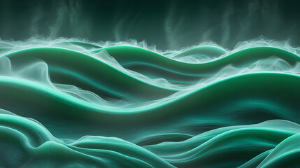 Emerald green abstract waves with wispy mist background