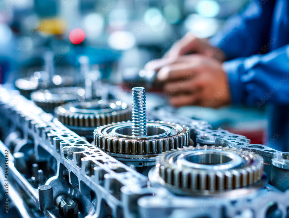 Poster close-up of automotive transmission components with a technician using a tablet in the background
