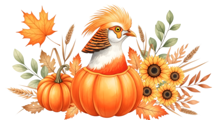 Whimsical illustration of a pheasant wearing a pumpkin as a body, surrounded by autumn leaves, sunflowers, and wheat isolated on transparent background