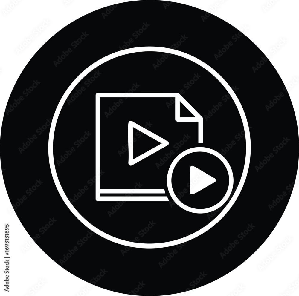 Aufkleber a minimalist black and white icon representing a video file or media content with a play button over