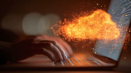 Digital hacking concept with a fiery explosion emerging from a laptop keyboard symbolizing cyber threats and online security challenges in modern technology