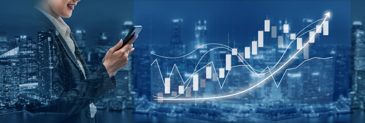 A business professional interacts with a smartphone, analyzing market trends while financial graphs overlay a dynamic city skyline, showcasing modern commerce. Impute