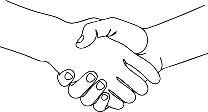 A clean, minimalist line art drawing captures two hands engaged in a firm handshake, representing a successful business deal, partnership, and mutual respect.
