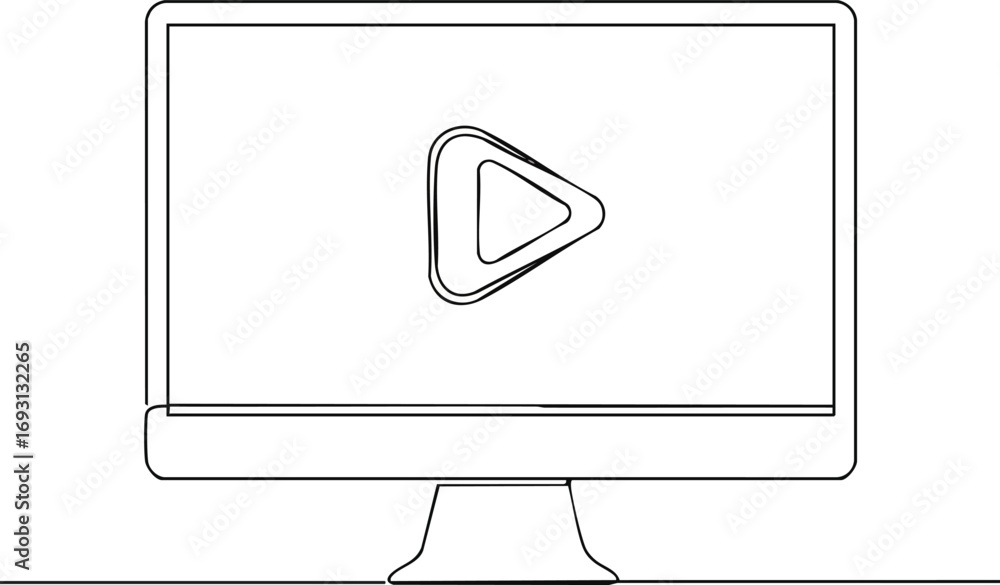 Poster a sleek, continuous line art drawing depicts a modern computer monitor displaying a prominent play b