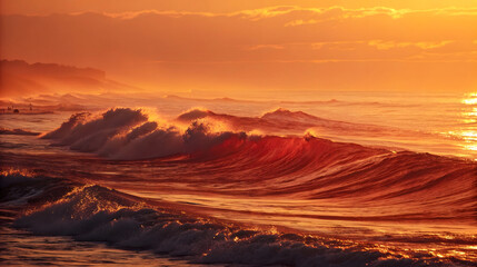Naklejka premium Fiery Orange Sunset Over Crashing Ocean Waves image