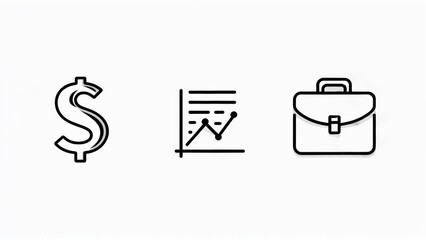 Sleek Business Icon Trio: Finance, Growth Chart, and Briefcase Line Art