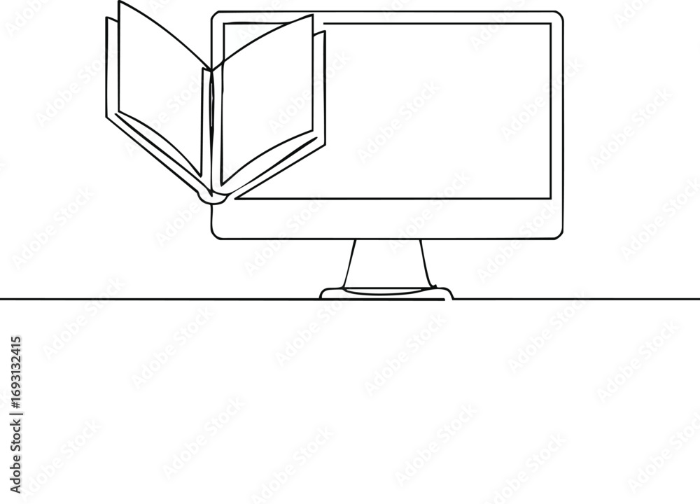 Poster a stylish continuous line art illustration depicts an open book emerging from a computer monitor, sy