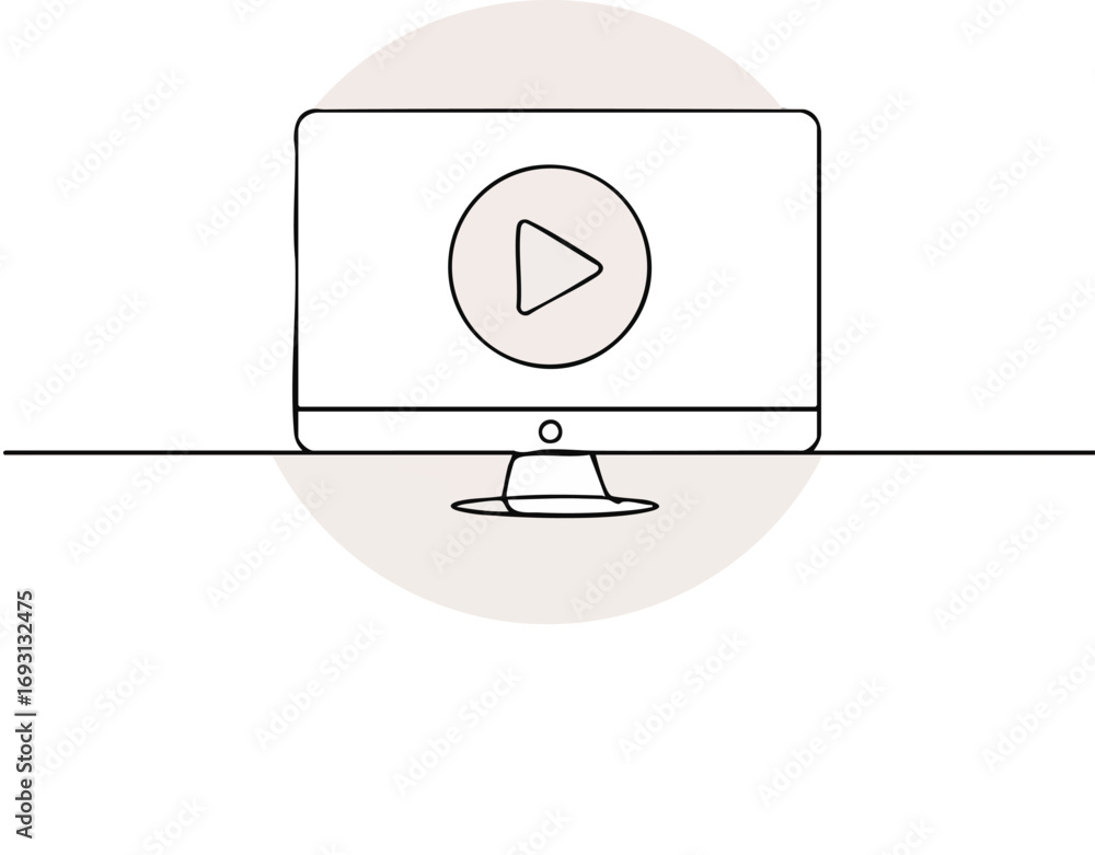 Poster a minimalist line art illustration depicting a computer monitor displaying a prominent play button, 