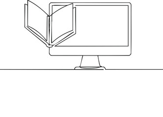 A stylish continuous line art illustration depicts an open book emerging from a computer monitor, symbolizing the modern integration of technology and accessible e-learning.