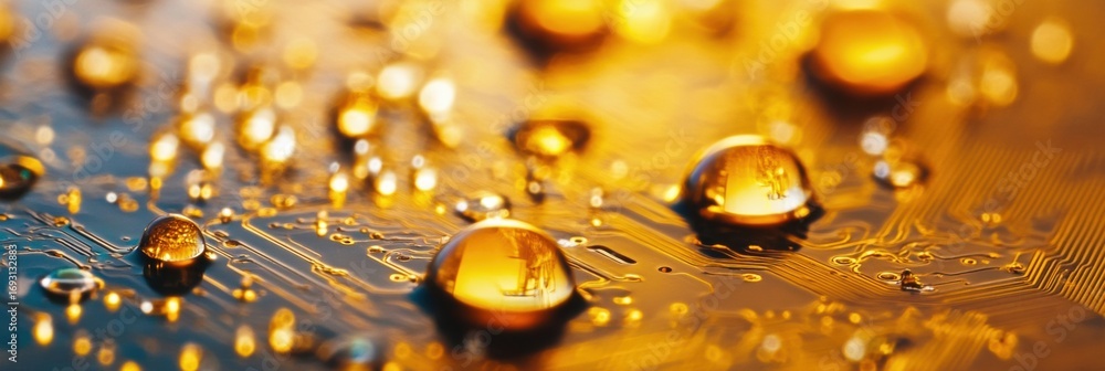 Poster close-up view of water droplets on a circuit board illuminated by warm light showcasing intricate pa
