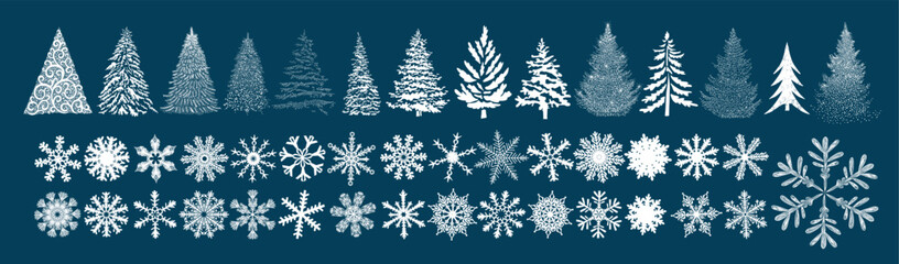Set of Christmas silhouette elements. Christmas trees and snowflakes hand drawing. Not AI. Vector illustration