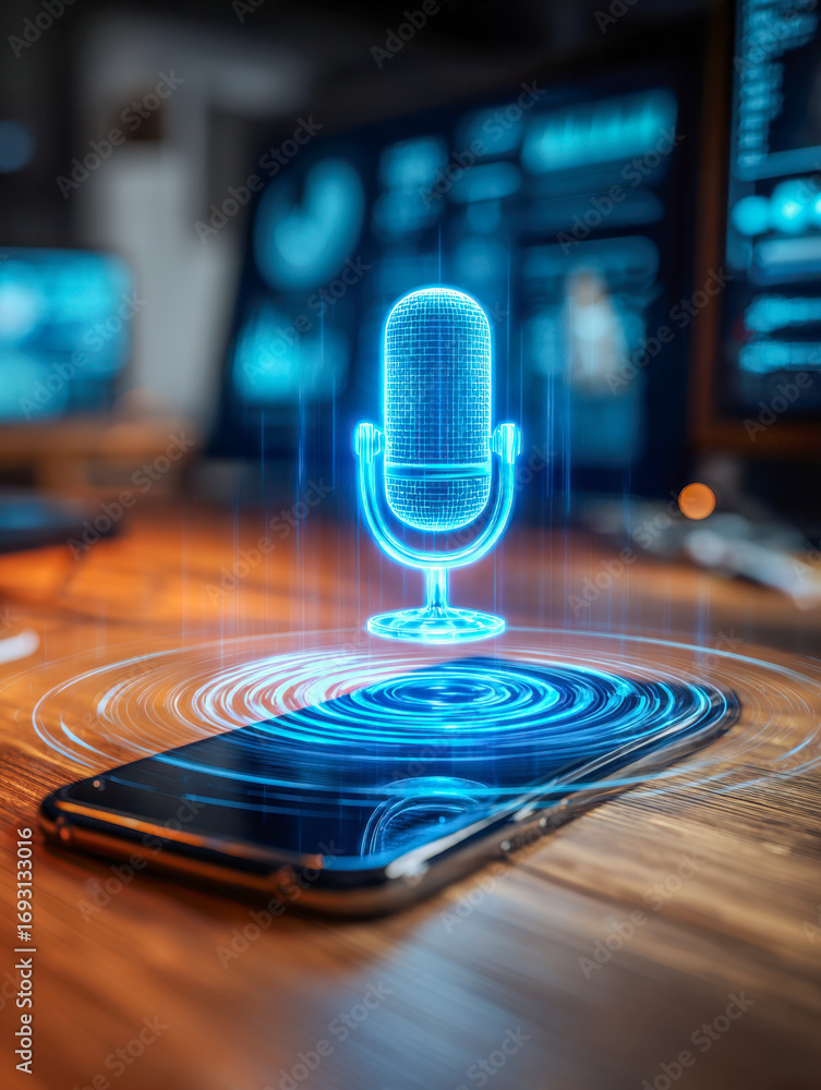 Poster futuristic holographic microphone projection emerging from a modern smartphone on a desk symbolizing