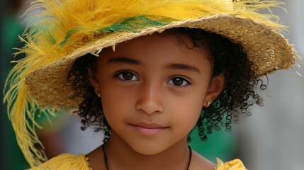 Little curly-haired Brazilian girl wearing a straw hat decorated with colorful feathers in yellow and green tones. Brazil's Independence Day Celebrations