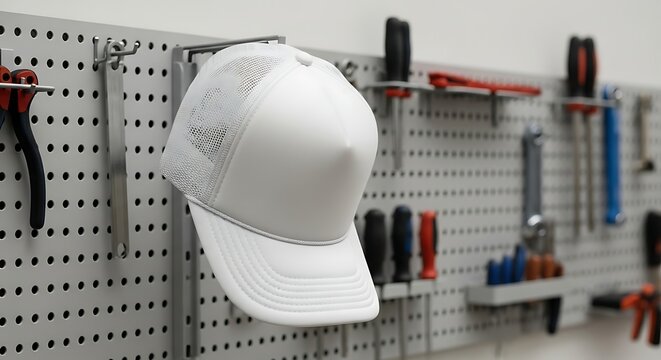 White Hat on Pegboard with Tools