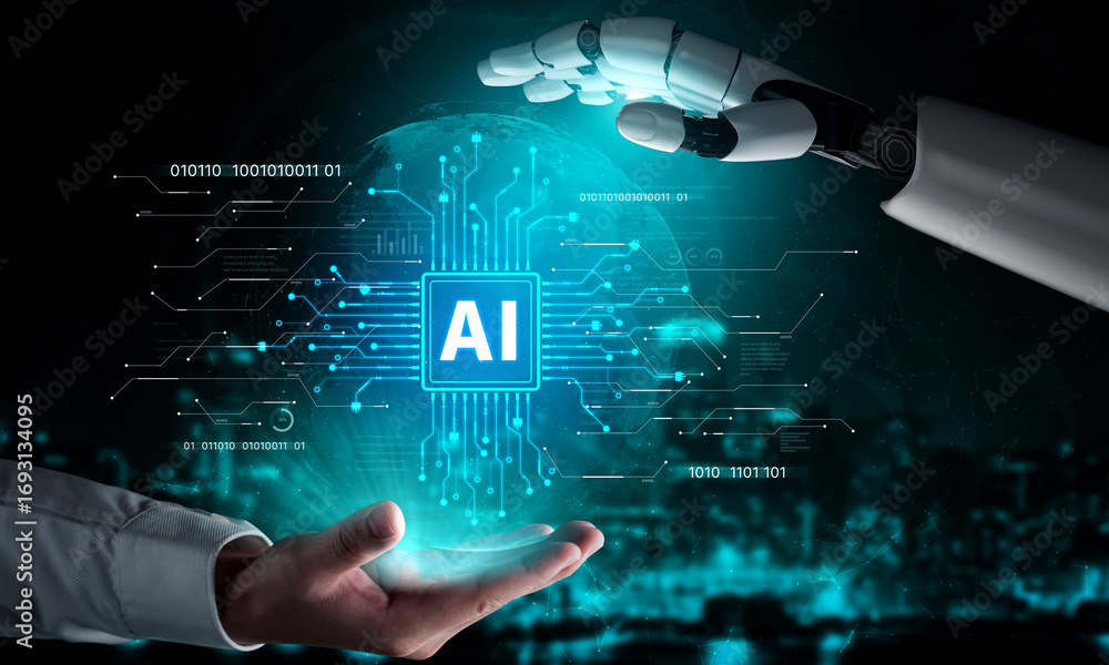 Poster ai brain processes big data with generative ai, llms, and machine learning to support business decis