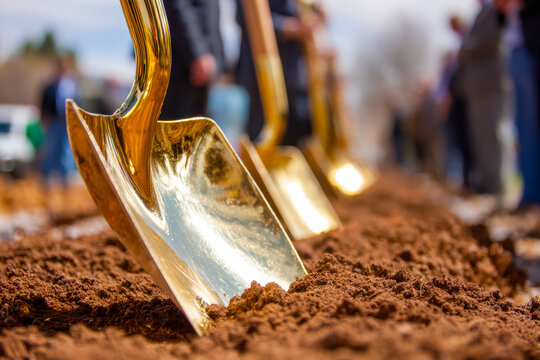 Groundbreaking ground-breaking ceremony with golden shovels in soil