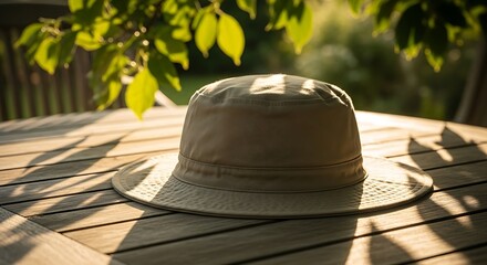 Tan Bucket Hat on Wooden Table in Sunlight