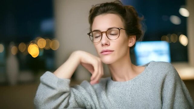 Focused female coder in a dimly lit home office with dual monitors