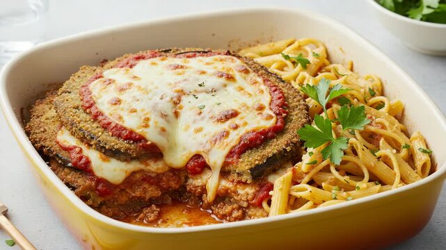 Baked Eggplant Parmesan and Penne Pasta in a Yellow Casserole Dish with Melted Cheese and Tomato Sauce Close Up View