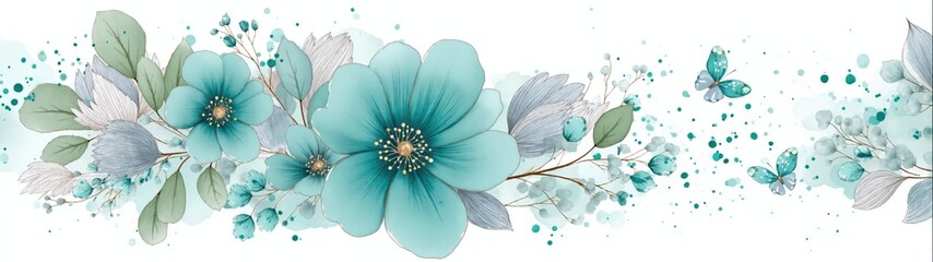 Elegant watercolor floral banner with teal flowers and leaves. Botanical illustration with golden details and butterflies. Modern decorative design element with copy space.